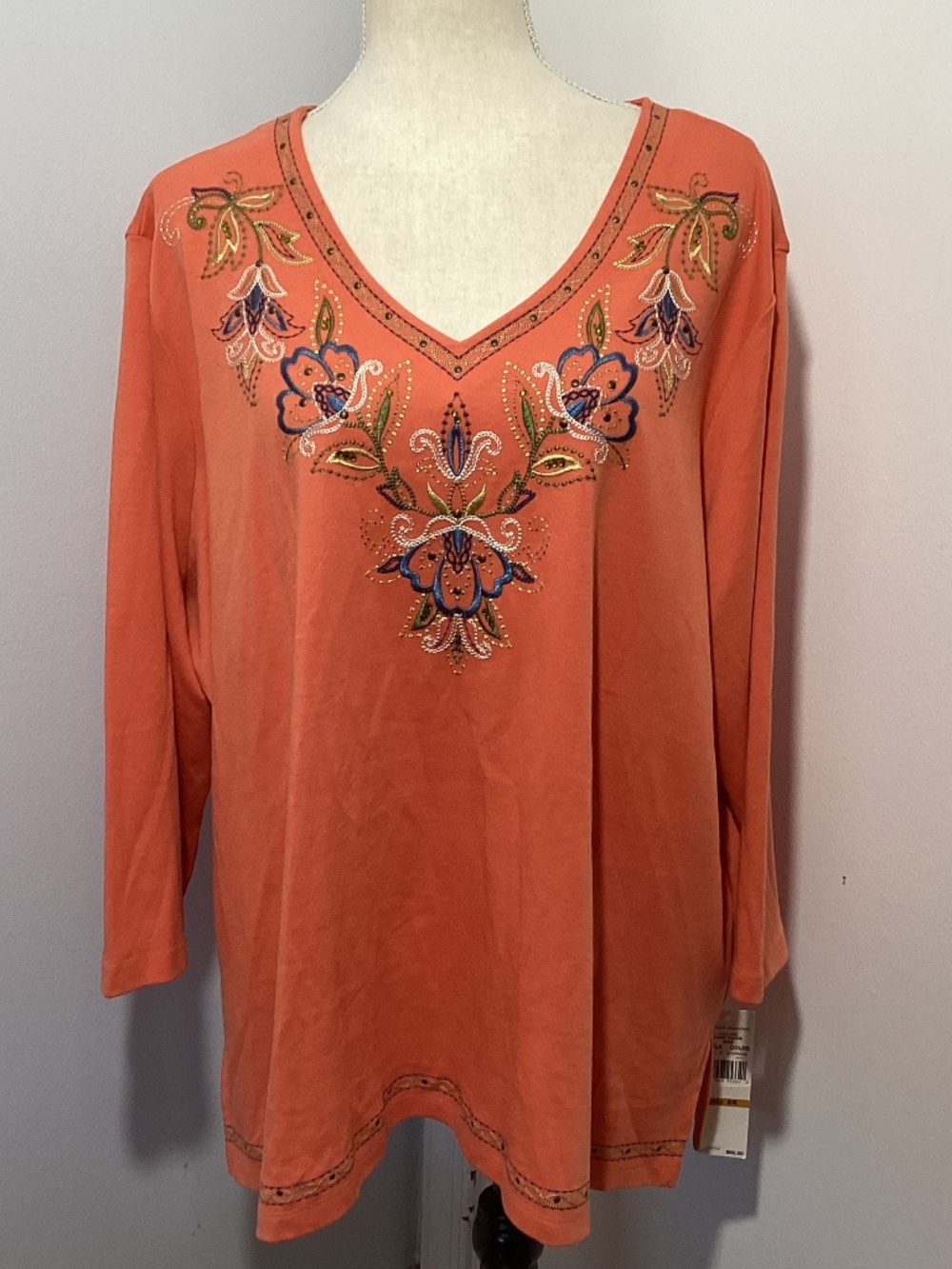 NWT ALFRED DUNNER 3X FALL ORANGE TUNIC V NECK EMBROIDERY HOLIDAY CASUAL